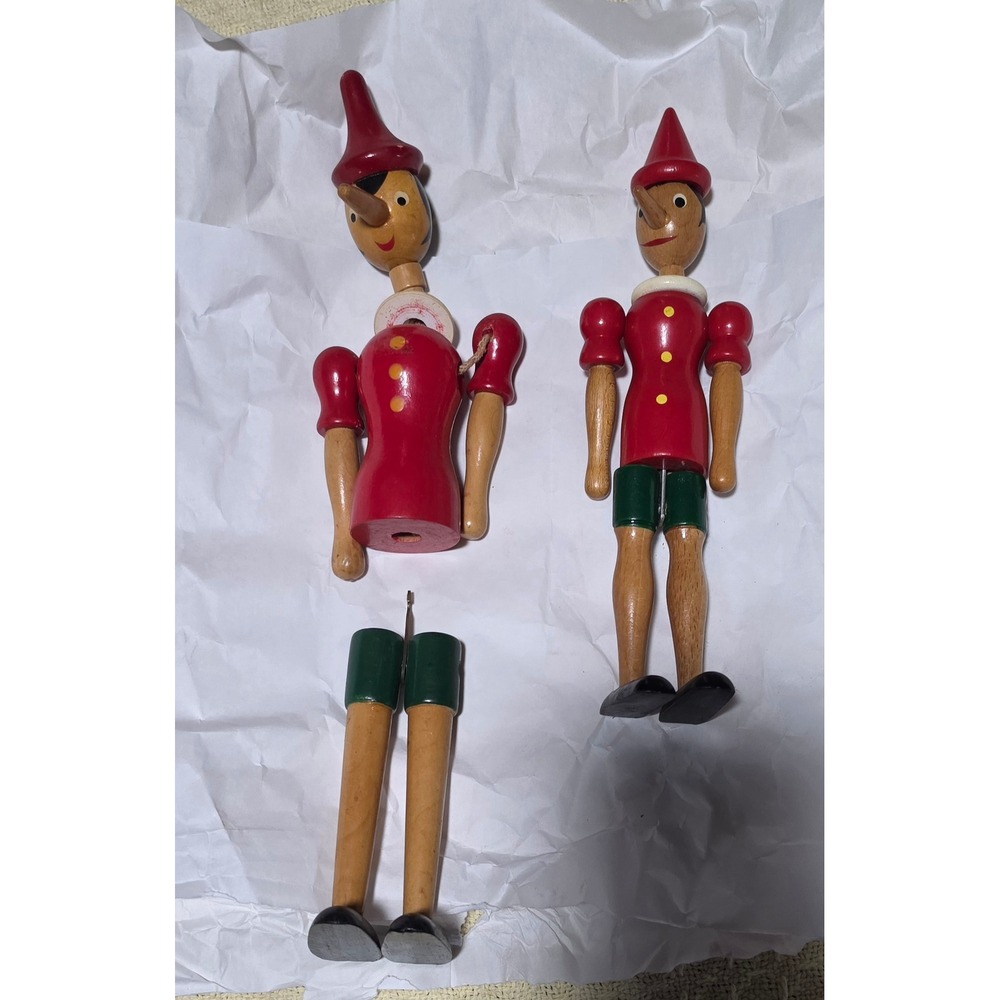 Vintage Wooden Pinocchio Jointed Figures Pair Restoration Project 9-12 Inch
